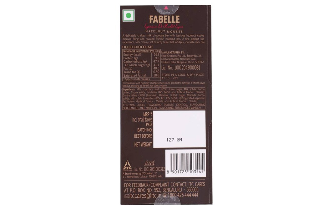 Fabelle Hazelnut Mousse, Centre Filled Bar   Box  127 grams